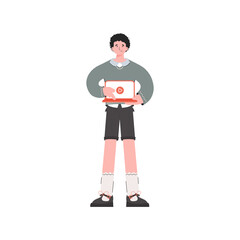 A man stands in full growth with a laptop. Isolated. Element for presentations, sites.