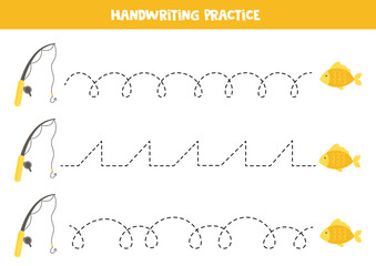 Tracing lines for kids. Fishing rod and fish. Writing practice.