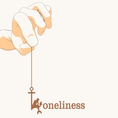 Hand holding anchor with beautiful mermaid. Stylized loneliness text