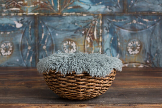 Newborn Digital Background Blue Fur in a Basket