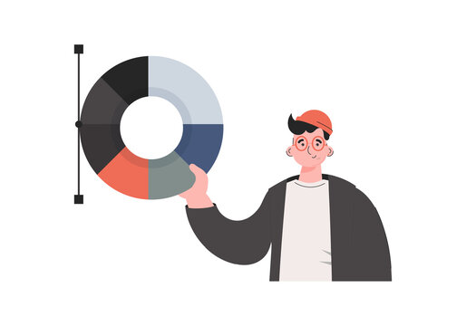 A man stands waist-deep and holds a color palette in his hands. Isolated. Element for presentations, sites.