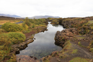 Naklejka na ściany i meble landscape of the Thingvellir national park in Iceland. The place where North American and Eurasian tectonic plates meet.