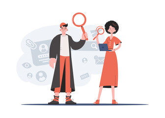 A man and a woman are standing in full growth with a computer and a magnifying glass. Human resource. Element for presentations, sites.