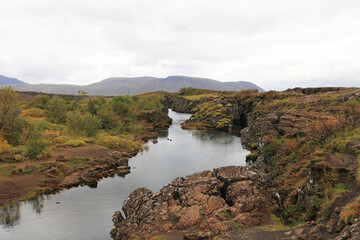 Fototapeta na wymiar landscape of the Thingvellir national park in Iceland. The place where North American and Eurasian tectonic plates meet.