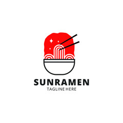 Ramen japanese noodle logo concept with chopstick and bowl in red color background