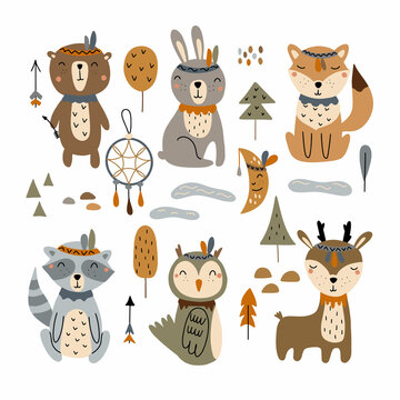 Hand drawn cute forest animals: bear, deer, rabbit, fox, owl, raccoon. Boho style vector illustration isolated on white background