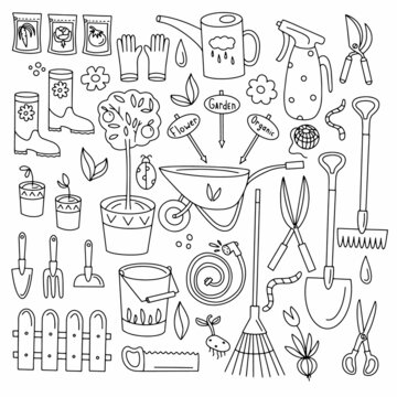 Seeds and seedlings. Germination of sprouts. Tools for planting and caring for them. Set of isolated doodle style vector illustrations on white background