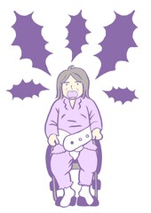 認知症　BPSD　大声をあげる車いす拘束されている高齢女性のイラスト
