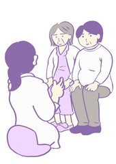 精神科診察　重度認知症の女性と笑顔の家族のイラスト