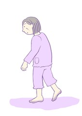 認知症　BPSD　屋外をはだしで徘徊する女性のイラスト