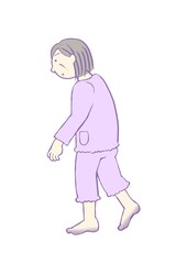 認知症　BPSD　屋外をはだしで徘徊する女性のイラスト