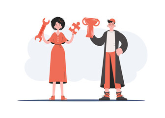 A man and a woman stand in full growth and hold a wrench and a goblet. Tech support. Element for presentations, sites.