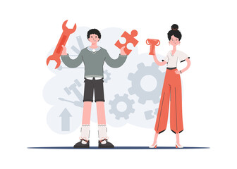 A man and a woman stand in full growth and hold a puzzle, a wrench and a goblet. Victory. Element for presentations, sites.