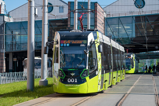 SAINT PETERSBURG, RUSSIA - JUNE 01, 2022: Modern tram "Chizhik" (Stadler B85600M) at the final stop near Ladozhsky railway station