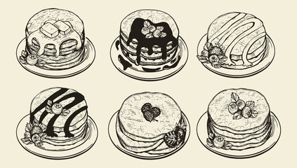 pancakes butter vector doodles. berry pancakes vector, freehand drawing, beige background. collection of pancakes vector sketch on  beige background
