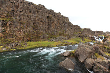 landscape of the Thingvellir national park in Iceland. The place where North American and Eurasian tectonic plates meet.