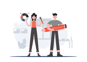 A man and a woman stand in full growth and hold a pen tool. Design. Element for presentations, sites.
