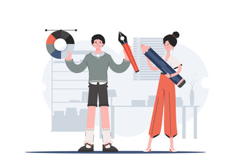A man and a woman stand to their full height and hold a large pencil and a color palette. Design. Element for presentations, sites.