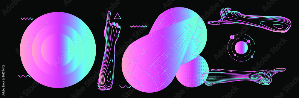 Aufkleber abstract composition with model of the atom, geometric shapes and 3d hands. sci-fi style illustratio