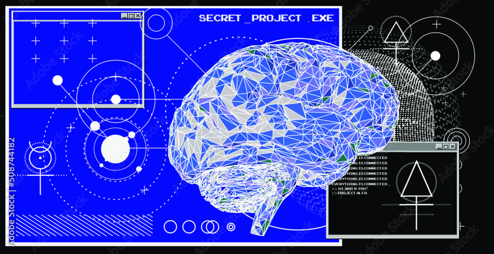 Poster 3D low-poly model of a human brain. Concept of the neural network and AI.