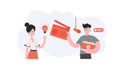 A man and a woman stand waist-deep and hold a light bulb and a film strip. Idea. Element for presentations, sites.