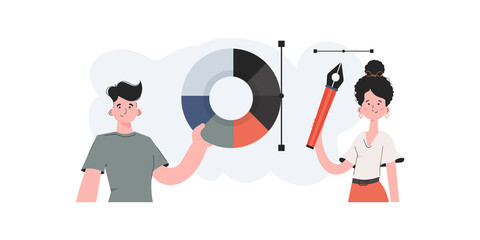 A man and a woman stand with a belt and hold a pen tool. Design. Element for presentations, sites.