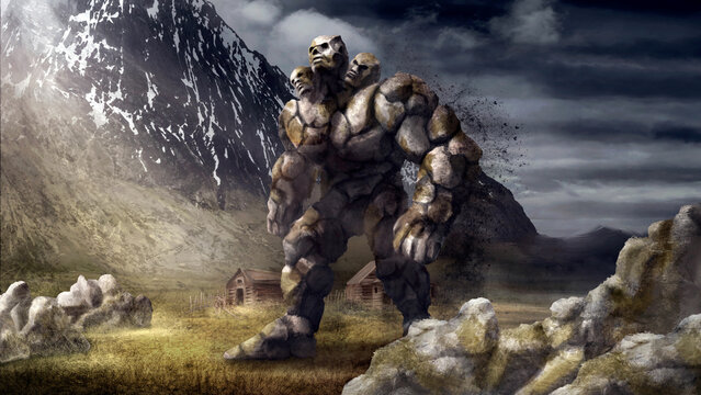 A huge stone golem with three heads and large arms passes by abandoned houses and large mountains under a gloomy sky with dark clouds. Rocky fantasy character in full growth under the sun's rays.