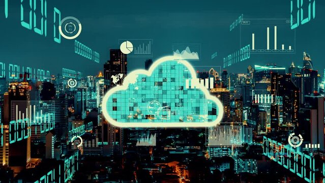 Cloud computing technology and online data storage for alteration data sharing . Computer connects to internet network server service for cloud data transfer shown in 3D futuristic graphic interface .