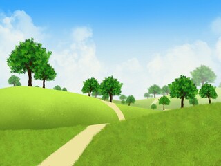 landscape with trees and sky, hills and green trees. Background drawn from a tablet.