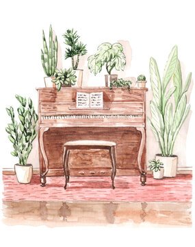 Illustration of the piano and home plants at home in watercolor. 