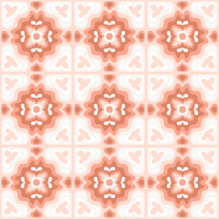 Ceramic tile seamless pattern. Abstract patchwork ornaments, Azulejo, Portuguese artwork in pink colors. Moroccan tiles, Italian Majolica design, decorative background. Vector illustration.