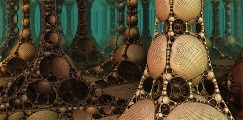 Background 3D with fantastic ancient civilization architecture, gold alien city 3D render illustration.