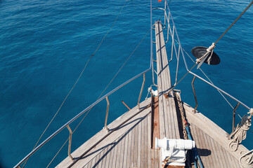 View from the deck of the overseer. Bow of the ship. Ship in open sea is showing the bow in a...