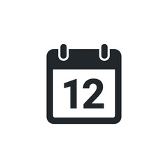 flat vector image isolated on white background, calendar icon with number 12, calendar year