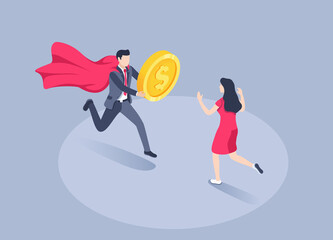 isometric vector illustration on a gray background, a man in a business suit and a superman cape runs with a gold coin to a woman in a red dress, fast financial help or an affordable loan