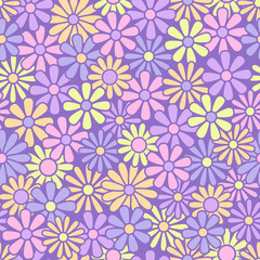 Nostalgic retro 70s groovy print. Hippie style vector seamless pattern.Vintage floral background. Textile and surface design in old fashioned colors