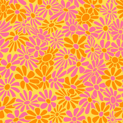 Nostalgic retro 70s groovy print. Hippie style vector seamless pattern.Vintage floral background. Textile and surface design in old fashioned colors