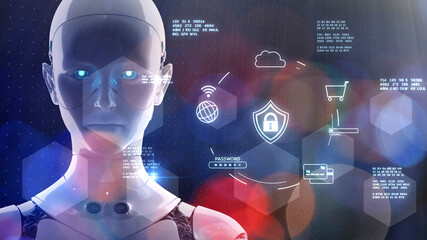Cybersecurity cybercrime internet security, VPN computer privacy protection cyber security platform 3D AI robot hacking malware virus attack defense, online network IoT digital technology © DIgilife