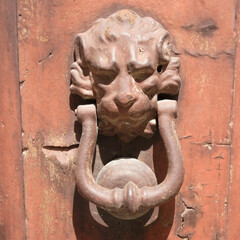 Picture of an old door handle in the shape of a lion's head.