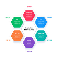Step by step hexagon future infographic design. 6 steps with colorful shapes. Modern infographic with emboss style. Editable vector design.