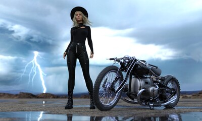 Junge Frau, blond posiert bei Sturm, Gewitter, Motorrad, Model, sexy, Blitz, Wüste, Hut, Schwarz, 3d Rendering - obrazy, fototapety, plakaty