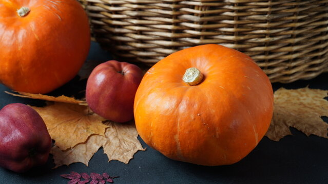 Autumn still life with pumpkin and dry leaves