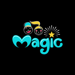 Writing MAGIC with boy and girl children, love, star, also ray image graphic icon logo design abstract concept vector stock. Can be used as a symbol related to entertainment or player profession