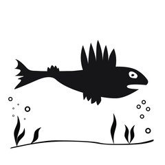 Cartoon, hand drawn, vector doodle illustration of funny fish.