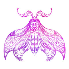 Vector purple watercolor drawing of a moth. Colorful illustration of a night butterfly with tracery ornament. Insect with wings
