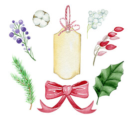 bow, berries, cotton, label, leaf, coniferous branch. Watercolor set, elementals, on a Christmas theme.