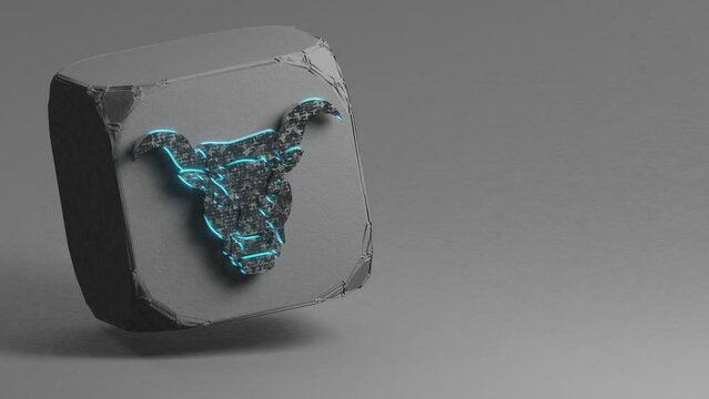 Beautiful Black with blue neon light zodiac sign Taurus symbol icons on a beton cube and white gray background. 3d rendering illustration. Loops Video.