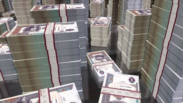 Mongolian Togrog, Tugrik money notes packs loop. 3D flight over 100 MNT banknotes stacks towers. Loopable seamless abstract background concept of business, economy crisis and finance in Mongolia.
