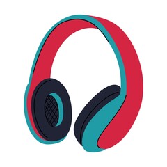 Professional studio over-ear headphones with large red-blue ear pads. Equipment for podcasting, online learning, listening to music. Simple flat vector illustration isolated on white background.