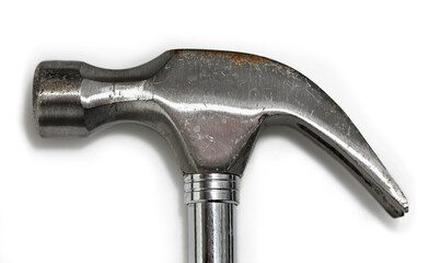 Hammer head with metal shaft against white background